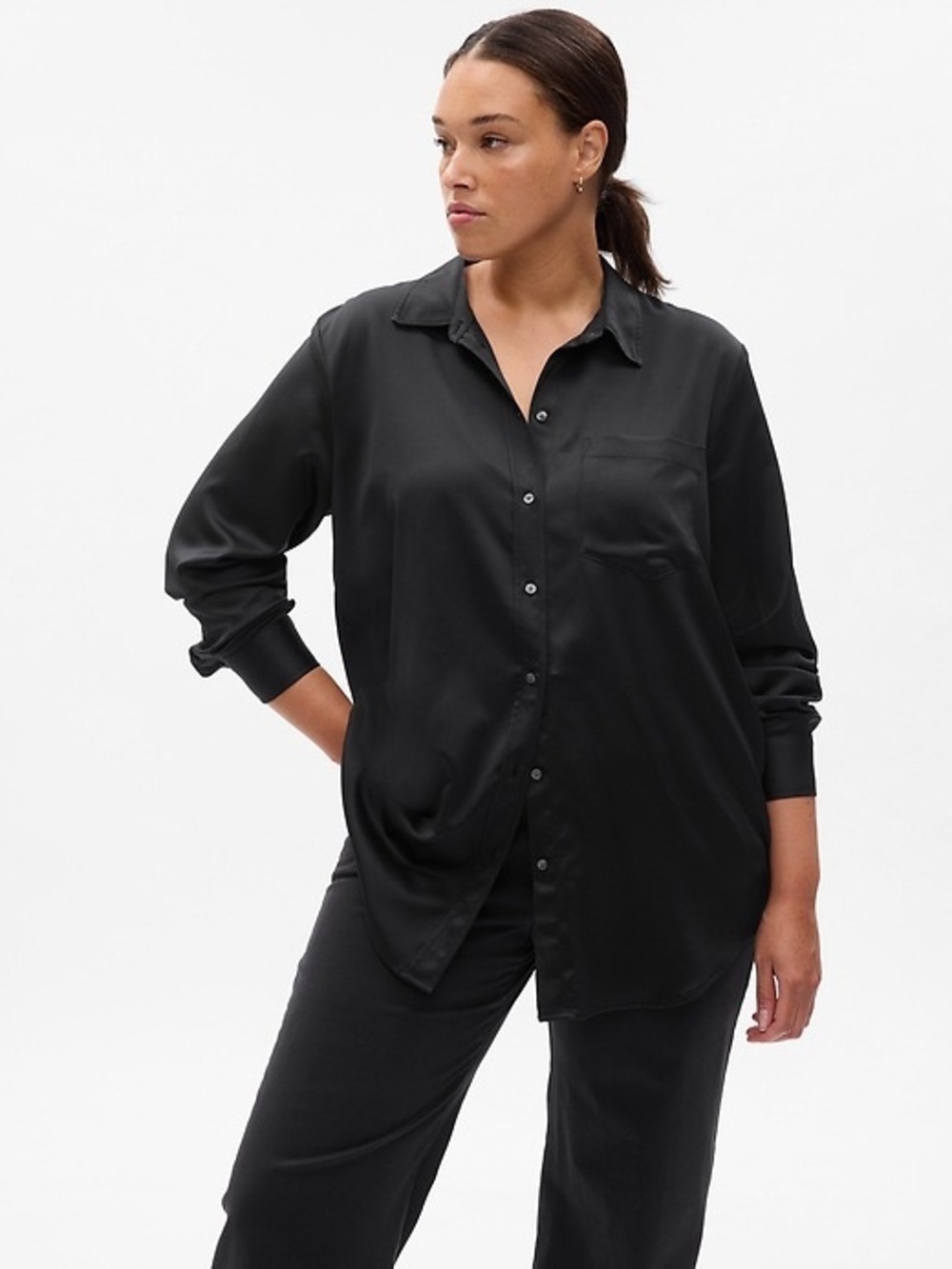 GAP Black Satin Boyfriend Shirt - Classic Button Front